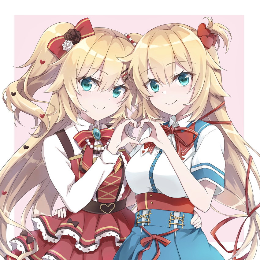 2girls akai_haato aqua_eyes bangs blonde_hair bow bowtie collared_shirt commentary dual_persona hair_bow hair_ornament hand_on_another's_hip heart heart-shaped_pupils heart_hair_ornament heart_hands heart_hands_duo highres hololive long_hair looking_at_viewer multiple_girls official_alternate_costume pink_background ribbon shirt simple_background smile symbol-shaped_pupils tm-pika upper_body virtual_youtuber