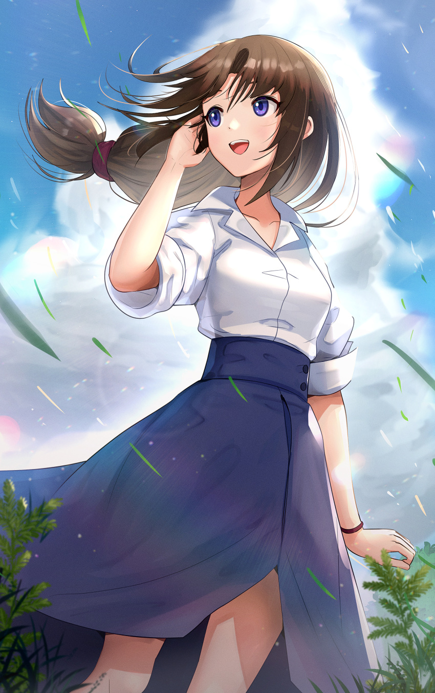 1girl absurdres bangs blue_eyes blue_skirt blue_sky bracelet brown_hair clouds cloudy_sky day famicom_tantei_club gonzarez highres jewelry long_hair open_mouth plant ponytail shirt skirt sky smile solo tachibana_ayumi white_shirt