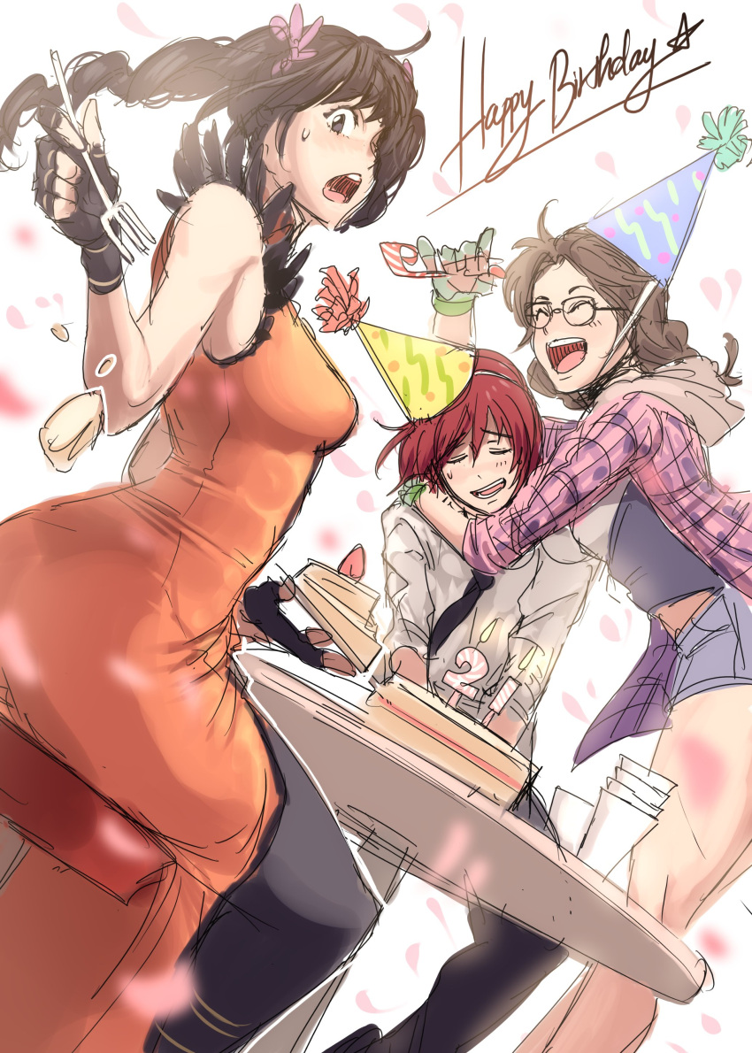 3girls absurdres ass black_hair bracelet brown_eyes brown_hair cake chinese_clothes commentary dress dudou fingernails food food_print han_soo-min_(hanny) hanny_(uirusu_chan) highres hug jacket jewelry julia_chang leather leather_jacket ling_xiaoyu long_hair multiple_girls namco pants redhead shirt smile tekken tekken_3 tekken_7 tekken_tag_tournament_2 tight tight_pants twintails yoga_pants