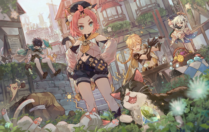 !? +++ 1girl 2boys 2girls aether_(genshin_impact) ahoge alcohol androgynous animal animal_ear_fluff animal_ears bangs bangs_pinned_back banner barrel basket beer_mug belt beret berry black_eyes black_hair blonde_hair blue_hair blush bow braid brooch building cape cat cat_ears cat_girl cat_tail child city clenched_hands closed_eyes closed_mouth collared_cape corset crop_top csyday cup dandelion day detached_sleeves diona_(genshin_impact) dress earrings eyebrows_visible_through_hair faceless faceless_male feather_earrings feathers floating flower frilled_sleeves frills genshin_impact gloves gradient_hair green_eyes green_headwear green_shorts hair_between_eyes hair_ornament halo hand_on_hip hat hat_flower holding jewelry leaf lime_slice long_hair long_sleeves midriff mug multicolored_hair multiple_boys multiple_girls mushroom navel notice_lines one_eye_closed open_mouth outdoors paimon_(genshin_impact) pantyhose pink_hair scarf shaking shirt shoes short_hair short_hair_with_long_locks shorts single_earring sitting smile sneezing sparkle stairs standing stone_stairs stone_wall symbol_commentary table tail thick_eyebrows thigh-highs twin_braids venti_(genshin_impact) wall whiskers white_dress white_flower white_hair white_legwear white_shirt window yawning