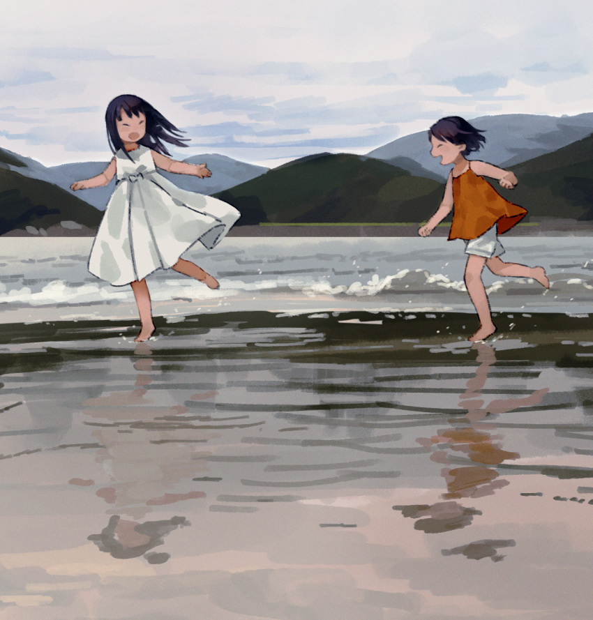 2girls ^_^ ^o^ bangs bare_arms bare_shoulders barefoot beach black_hair camisole child closed_eyes clouds cloudy_sky day dress facing_viewer floating_hair from_side grey_sky hair_behind_ear hand_up happy highres hill leg_up maeya_susumu medium_dress multiple_girls no_nose ocean open_hand open_mouth original outdoors pleated_dress profile red_camisole reflection reflective_water running sand short_hair short_shorts shorts sky sleeveless sleeveless_dress smile spaghetti_strap splashing straight_hair sundress water water_drop white_dress wide_shot wind