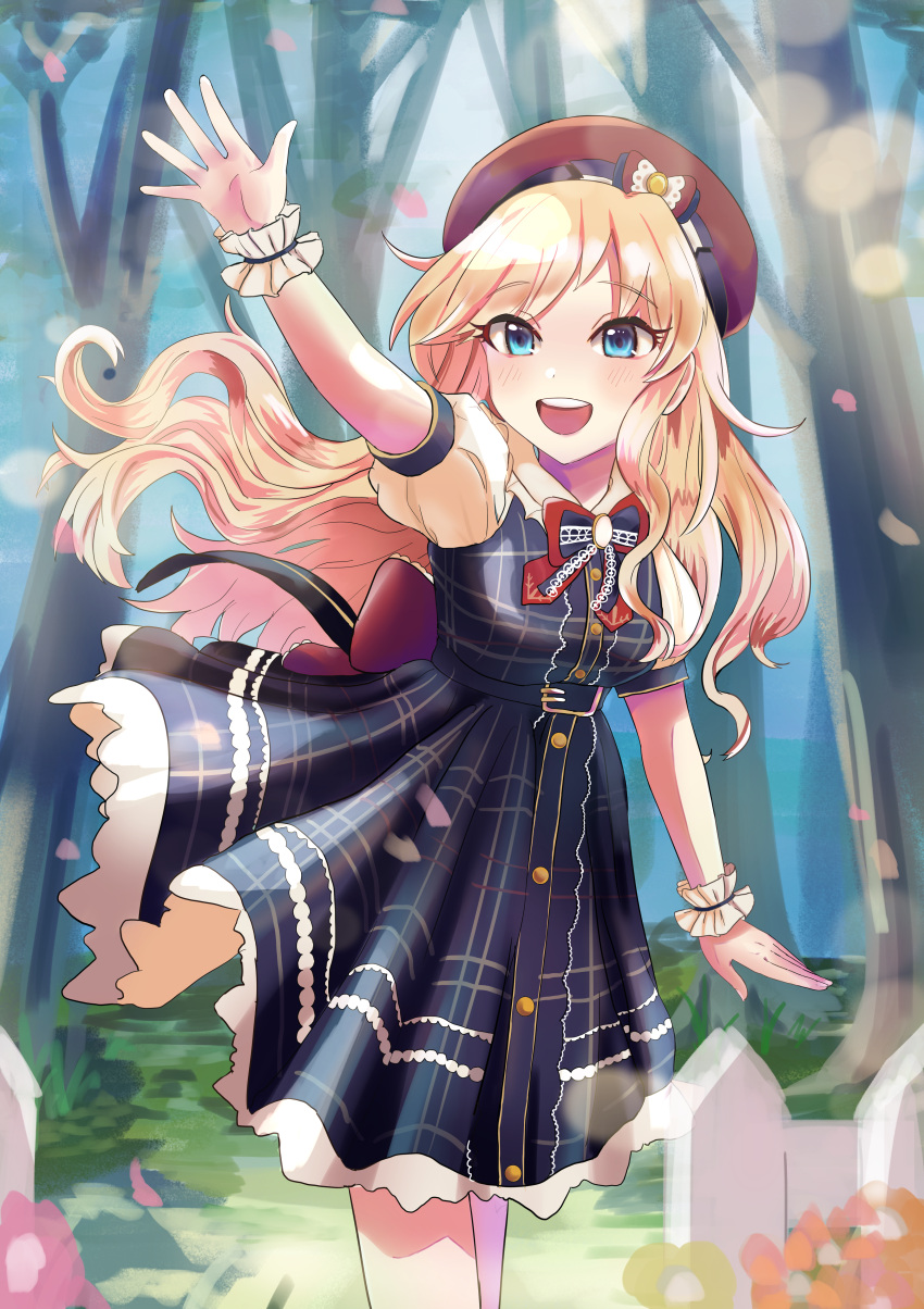 1girl :d absurdres arm_up bangs beret black_bow blonde_hair blue_eyes blush bow bowtie clothes_lift commentary_request cowboy_shot dress dress_lift eyebrows_visible_through_hair fence flower forest hat highres huge_filesize idolmaster idolmaster_cinderella_girls idolmaster_cinderella_girls_starlight_stage long_hair nature ootsuki_yui open_mouth outdoors outstretched_arms petals pirika puffy_sleeves red_bow red_headwear red_neckwear round_teeth short_sleeves smile solo standing teeth tree upper_teeth wind wind_lift wrist_cuffs