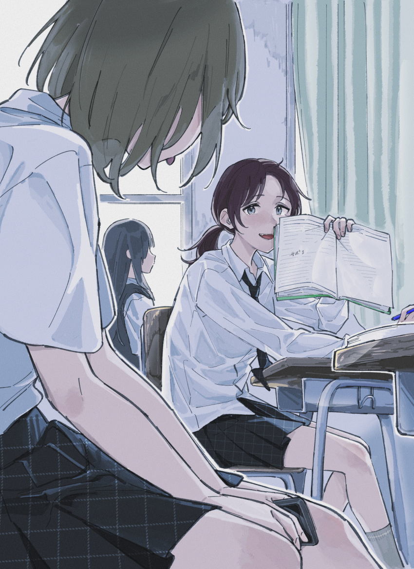 3girls absurdres black_hair black_neckwear black_skirt blue_eyes book brown_hair chair check_translation classroom collared_shirt curtains desk dress_shirt fang grey_legwear hands_on_lap highres holding holding_book holding_phone indoors kuwabara_(medetaya) long_hair long_sleeves looking_at_another medium_hair multiple_girls necktie open_book open_collar open_mouth original pen phone pleated_skirt ponytail profile school_chair school_desk school_uniform shirt short_sleeves skirt socks tongue tongue_out translation_request white_shirt window