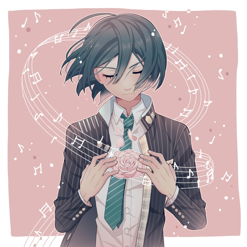 1boy ahoge bad_arm bangs beamed_eighth_notes black_hair border cheer_(cheerkitty14) closed_eyes closed_mouth collared_shirt dangan_ronpa_(series) dangan_ronpa_v3:_killing_harmony diagonal-striped_neckwear diagonal_stripes dress_shirt eighth_note english_commentary facing_down foreshortening grey_flower hair_between_eyes highres jacket long_sleeves male_focus musical_note necktie open_clothes open_jacket pink_background quarter_note saihara_shuuichi shirt short_hair solo striped striped_jacket striped_neckwear upper_body vertical_stripes white_border