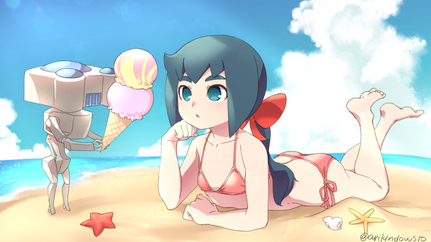 1girl arikindows10 ass bangs barefoot beach bikini blue_eyes blue_hair blue_sky blush bow breasts butt_crack clouds collarbone commission constanze_amalie_von_braunschbank-albrechtsberger double_scoop feet food full_body hair_bow head_on_hand highres holding holding_food ice_cream legs little_witch_academia long_hair lying ocean on_stomach parted_lips ponytail red_bikini red_bow red_swimsuit robot sand seashell shell sidelocks sky small_breasts stanbot_(little_witch_academia) starfish swimsuit the_pose thick_eyebrows thighs twitter_username