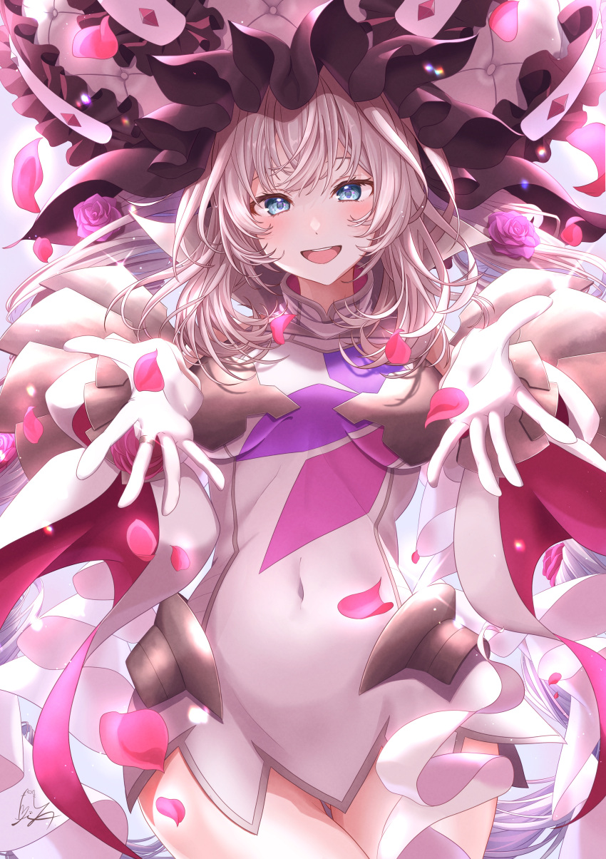 1girl absurdres bangs blue_eyes blush breasts fate/grand_order fate_(series) frilled_hat frills gloves hat highres large_hat long_hair looking_at_viewer marie_antoinette_(fate) medium_breasts open_mouth outstretched_arms silver_hair smile thighs totomiya twintails very_long_hair white_gloves