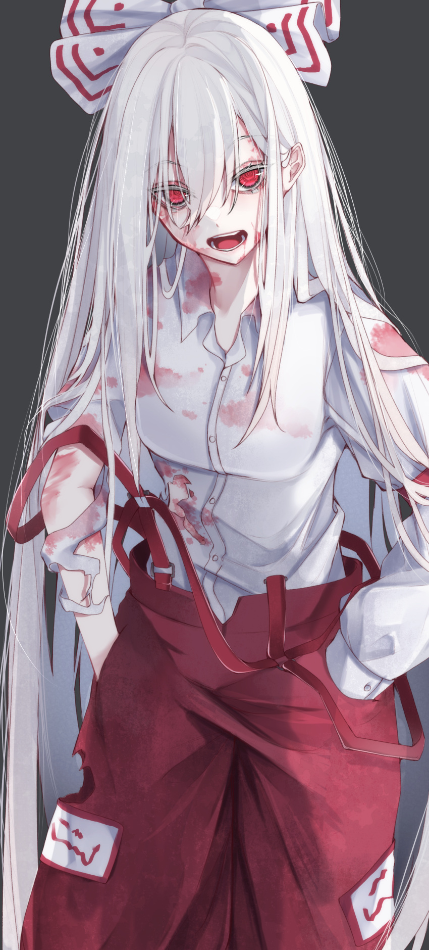 1girl absurdly_long_hair absurdres breasts contrapposto cowboy_shot fujiwara_no_mokou grey_background hands_in_pockets highres long_hair looking_at_viewer medium_breasts open_mouth pants red_eyes red_pants shirt simple_background solo suspenders torn_clothes touhou tsune_(tune) very_long_hair white_hair white_shirt