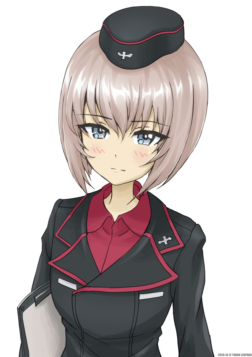 1girl absurdres alternate_hair_length alternate_hairstyle artist_name bangs black_headwear black_jacket blue_eyes clipboard closed_mouth commentary dated dress_shirt eyebrows_visible_through_hair garrison_cap girls_und_panzer hat highres holding holding_clipboard insignia itsumi_erika jacket kuromorimine_military_uniform light_smile long_sleeves looking_at_viewer military military_hat military_uniform red_shirt shirt short_hair silver_hair simple_background solo tonan_leopard uniform upper_body white_background wing_collar