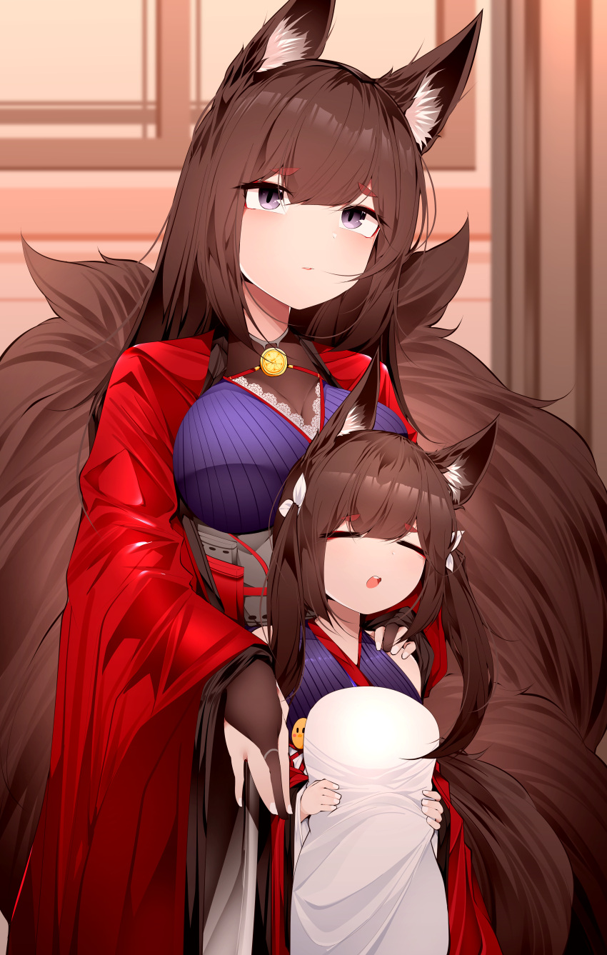 2girls :o absurdres amagi-chan_(azur_lane) amagi_(azur_lane) animal_ear_fluff animal_ears azur_lane bangs breasts bridal_gauntlets brown_hair closed_eyes commentary_request eyebrows_visible_through_hair fox_ears fox_tail hair_ribbon hand_on_another's_shoulder highres holding japanese_clothes kimono large_breasts long_hair looking_at_viewer multiple_girls red_kimono ribbon samip tail twintails violet_eyes white_ribbon wide_sleeves