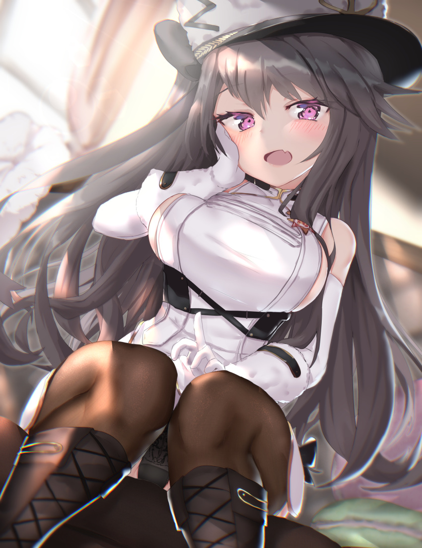 1girl absurdres accidental_exposure azur_lane badge bangs bare_shoulders black_hair black_panties blurry blurry_background blush boots breasts chromatic_aberration cross-laced_footwear dutch_angle eyebrows_visible_through_hair fang from_below gloves hand_on_own_cheek hand_on_own_face hat head_tilt highres index_finger_raised knee_boots knees large_breasts lips long_hair looking_at_viewer open_mouth oppai_loli pamiat_merkuria_(azur_lane) panties pantyhose pantyshot shinka_(user_rcem8835) sideboob sitting skin_fang smile solo swept_bangs underwear uniform violet_eyes