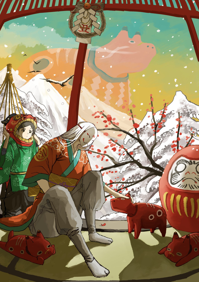 1boy 1other akabeko androgynous child chinese_zodiac clothing_request cloud_print commentary_request covered_face daruma_doll fisheye grey_pants hands_up highres japanese_clothes kimono knees_up leaning_forward long_hair mask new_year obi on_floor orange_kimono original pants petting print_kimono sash shadow shide sitting sitting_on_floor snowing sploot tabi tatami tree tree_branch white_hair white_legwear white_mask white_sleeves yagate149 year_of_the_ox yellow_sash