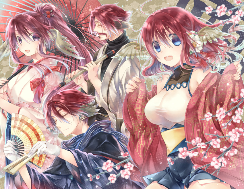 2boys 2girls ahoge animal_ears antenna_hair bare_shoulders blue_eyes breasts brother_and_sister cherry_blossoms closed_eyes closed_mouth covered_collarbone cowboy_shot facial_hair fan fang father_and_daughter father_and_son feathers flower flute genho_(utawarerumono) gloves hair_between_eyes hair_flower hair_ornament head_wings instrument japanese_clothes kanan_yt kimono leotard long_hair looking_at_viewer looking_away medium_breasts medium_hair multiple_boys multiple_girls mustache nosuri open_clothes open_kimono open_mouth ougi ponytail profile purple_hair redhead short_hair short_kimono siblings smile tareme taut_clothes taut_leotard tight touka_(utawarerumono) umbrella utawarerumono utawarerumono:_itsuwari_no_kamen violet_eyes wide_sleeves