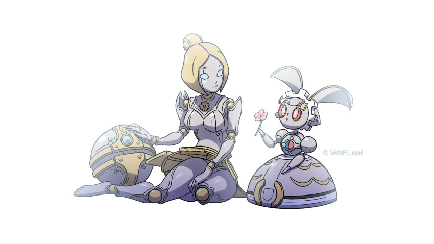 1girl ball blonde_hair breasts commentary_request crossover eye_contact flower gen_7_pokemon hair_bun hand_up highres holding holding_flower kyon_(artist) league_of_legends looking_at_another magearna mythical_pokemon orianna_reveck pink_flower pokemon pokemon_(creature) red_eyes robot simple_background spanish_commentary twitter_username watermark white_background