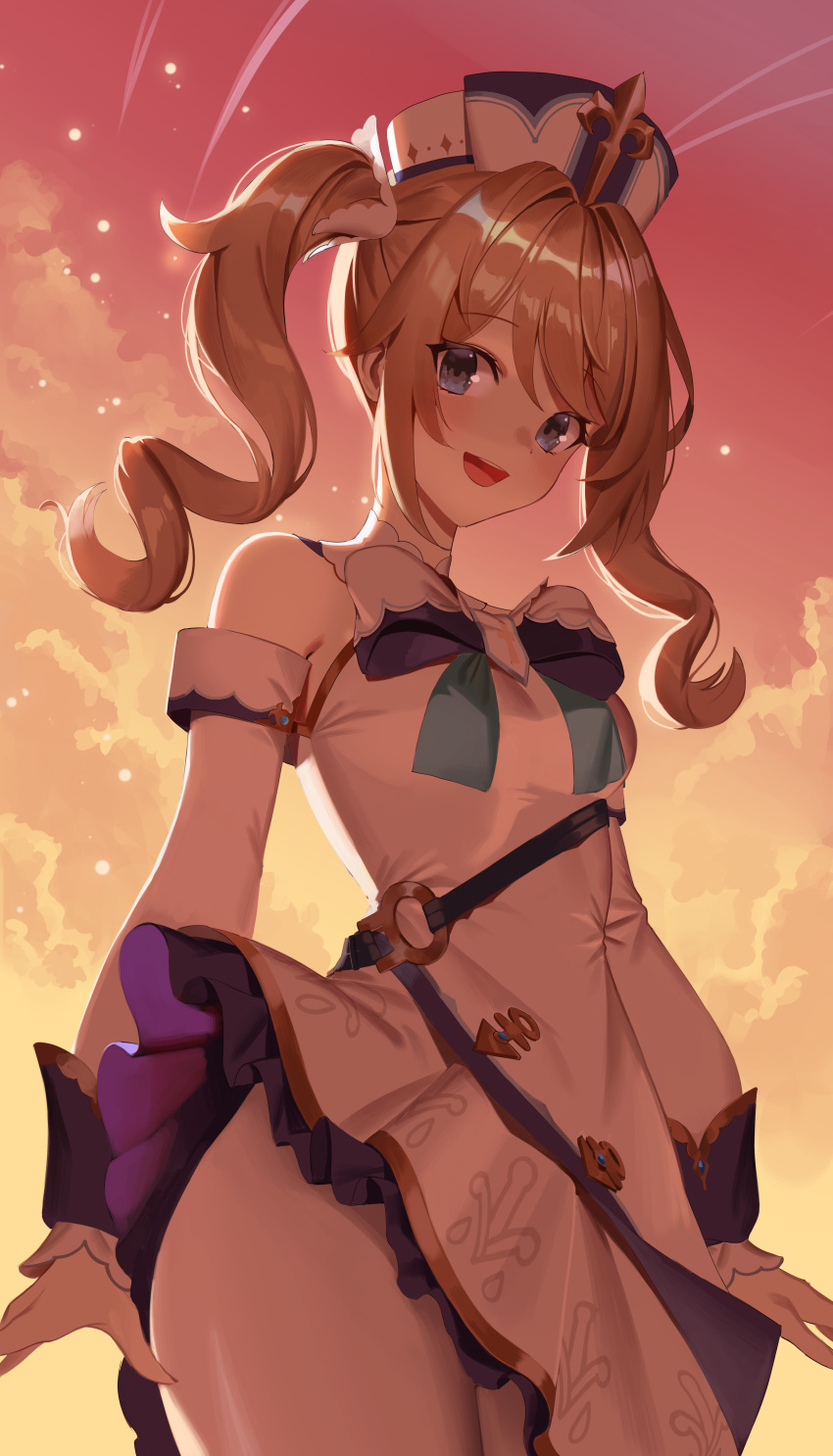 1girl :d absurdres barbara_pegg bare_shoulders blonde_hair breasts clouds cloudy_sky cowboy_shot dress drill_hair frilled_dress frilled_skirt frills genshin_impact hat highres latin_cross long_sleeves looking_at_viewer open_mouth pink_sky re-leaf skirt sky smile sunset thighs twin_drills twintails white_dress white_legwear yellow_sky