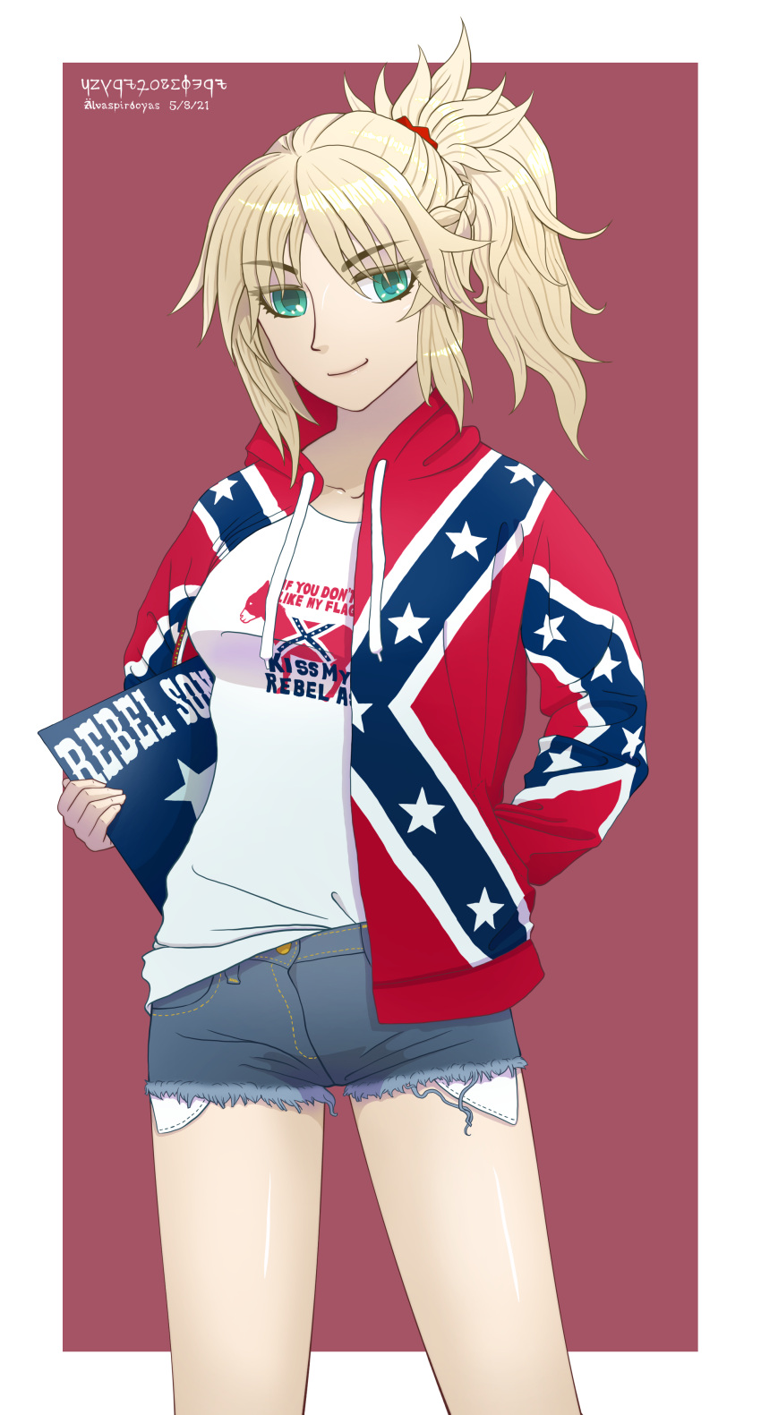 absurdres album_cover alpen artoria_pendragon_(all) blonde_hair confederate_flag cover denim denim_shorts fate/grand_order fate_(series) green_eyes highres hood hoodie mordred_(fate) mordred_(fate)_(all) ponytail saber short_shorts shorts smug thighs