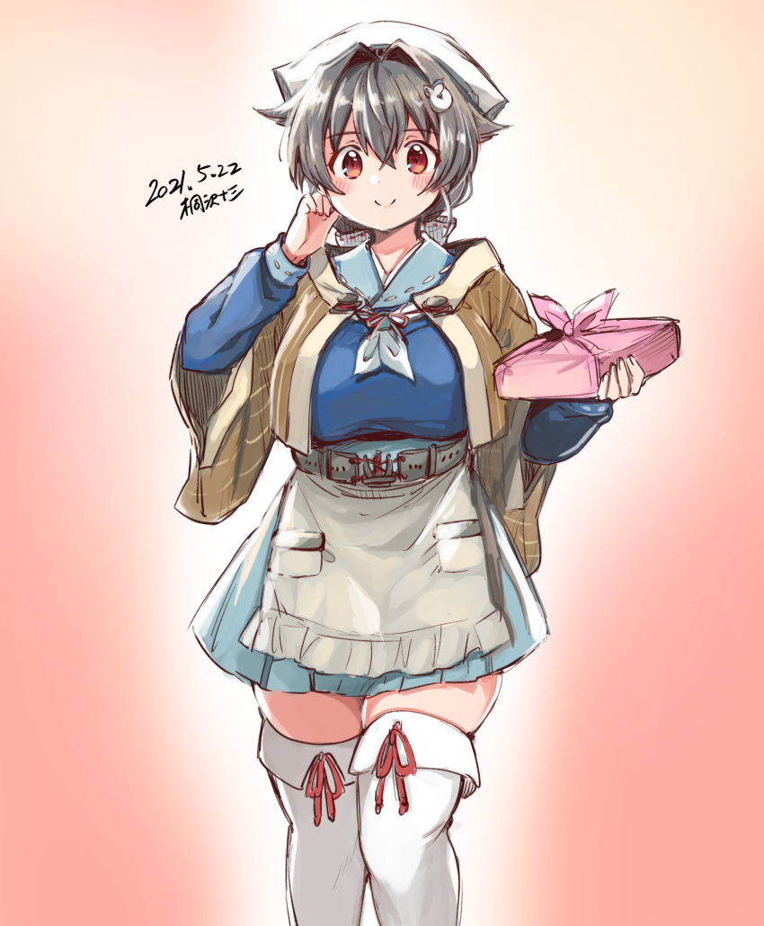 1girl apron artist_logo bandana black_hair blue_sailor_collar blue_serafuku blue_skirt breasts commentary_request cowboy_shot dated gradient gradient_background hair_flaps hair_ornament hair_ribbon hairclip headgear highres jingei_(kancolle) kantai_collection kirisawa_juuzou large_breasts long_hair looking_at_viewer low_ponytail neckerchief pleated_skirt plump red_background red_eyes ribbon sailor_collar school_uniform serafuku shawl skirt solo thigh-highs waist_apron white_apron white_legwear white_neckwear