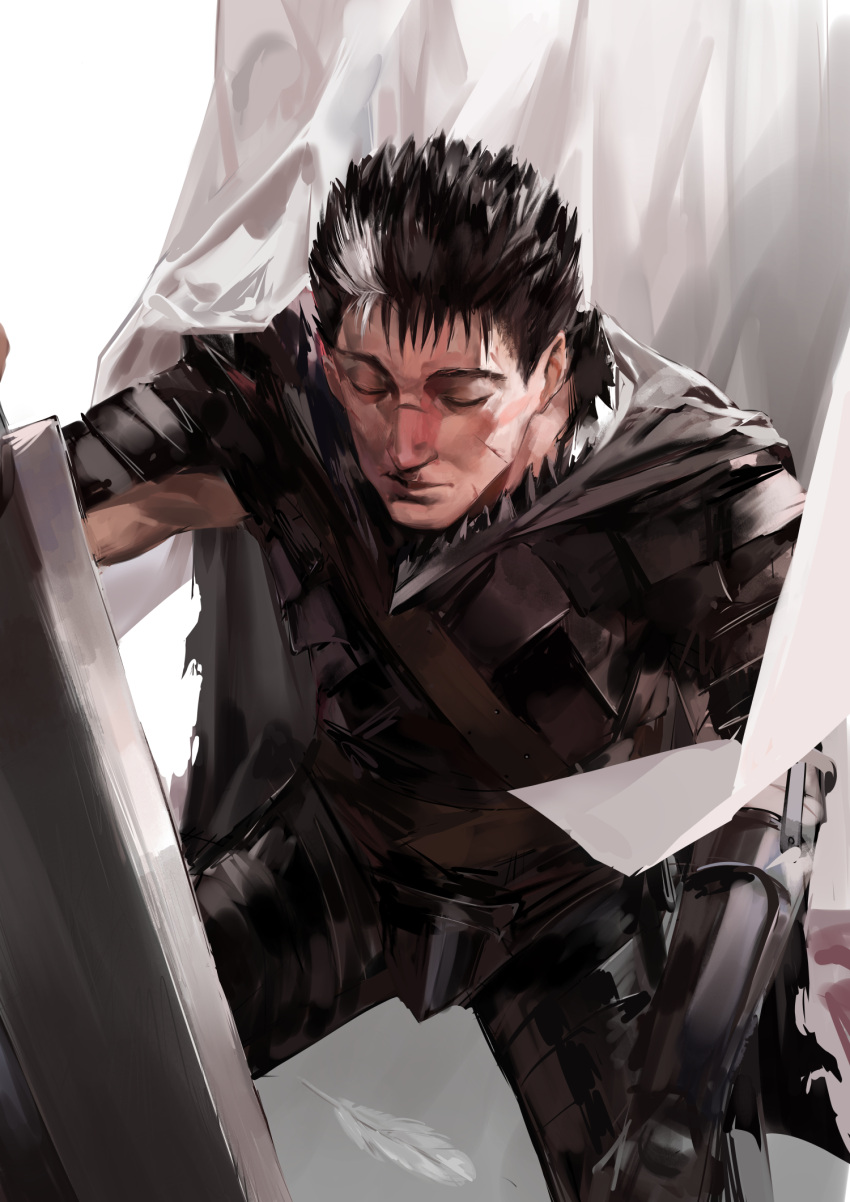 1boy armor bandages berserk black_hair blazpu blood brand_of_sacrifice cape dragonslayer_(sword) guts_(berserk) highres holding huge_weapon male_focus muscular scar short_hair solo sword weapon