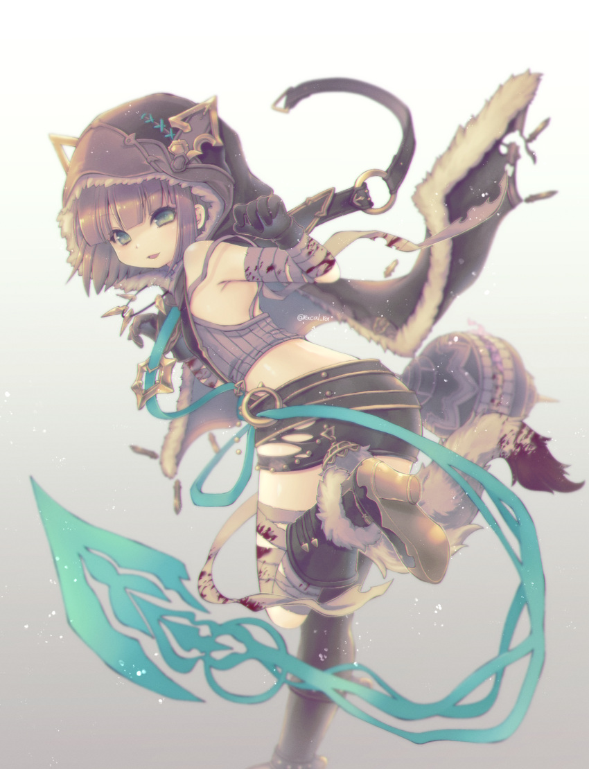 1boy absurdres asymmetrical_legwear bandages bangs black_gloves blood blood_splatter bloody_bandages bloody_clothes blunt_bangs bob_cut boots brown_hair cape crop_top fur_trim gloves green_eyes gretel_(sinoalice) hansel_(sinoalice) highres hood hood_up looking_at_viewer male_focus open_mouth otoko_no_ko racal_ra short_hair sinoalice skirt solo tail tail_ornament thigh-highs torn_clothes