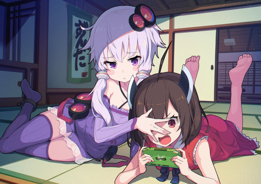 2girls :&lt; ahoge architecture blush_stickers brown_hair commentary criss-cross_halter detached_sleeves dress east_asian_architecture feet_up furrowed_brow hair_ornament hair_tubes halterneck hand_over_another's_eyes hand_over_face handheld_game_console hanging_scroll headgear hibi_tsuna highres hip_gear lying multiple_girls on_side on_stomach open_mouth pout purple_dress purple_hair purple_legwear purple_sleeves red_dress red_eyes scroll short_hair sidelocks skindentation sleeveless sleeveless_dress sliding_doors smile tatami thigh-highs touhoku_kiritan translated v-shaped_eyebrows violet_eyes voiceroid yuzuki_yukari