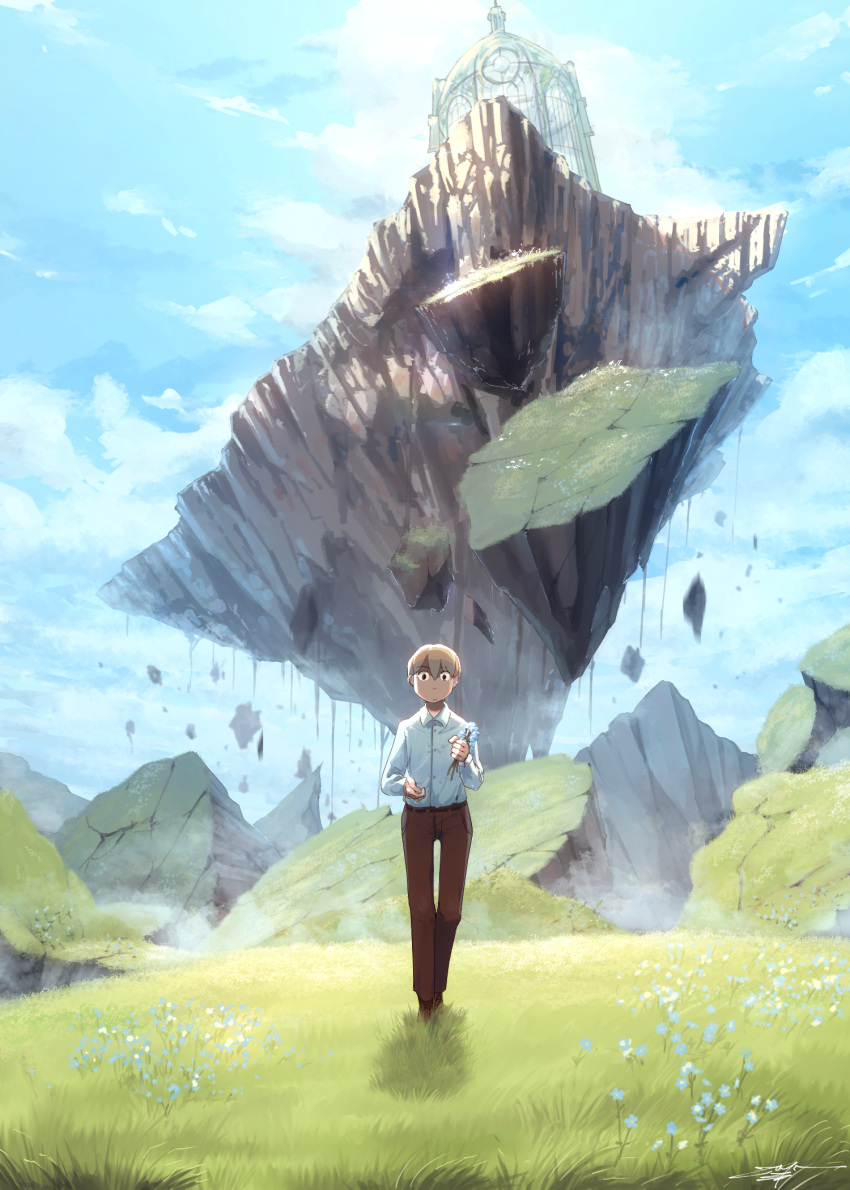 1boy belt black_eyes blonde_hair blue_flower blue_sky closed_mouth clouds cloudy_sky crack cracked_floor dated falling fantasy floating floating_island flower fog frown hair_between_eyes highres holding holding_flower male_focus original scenery shirt_tucked_in signature sky solo textless zeniyan