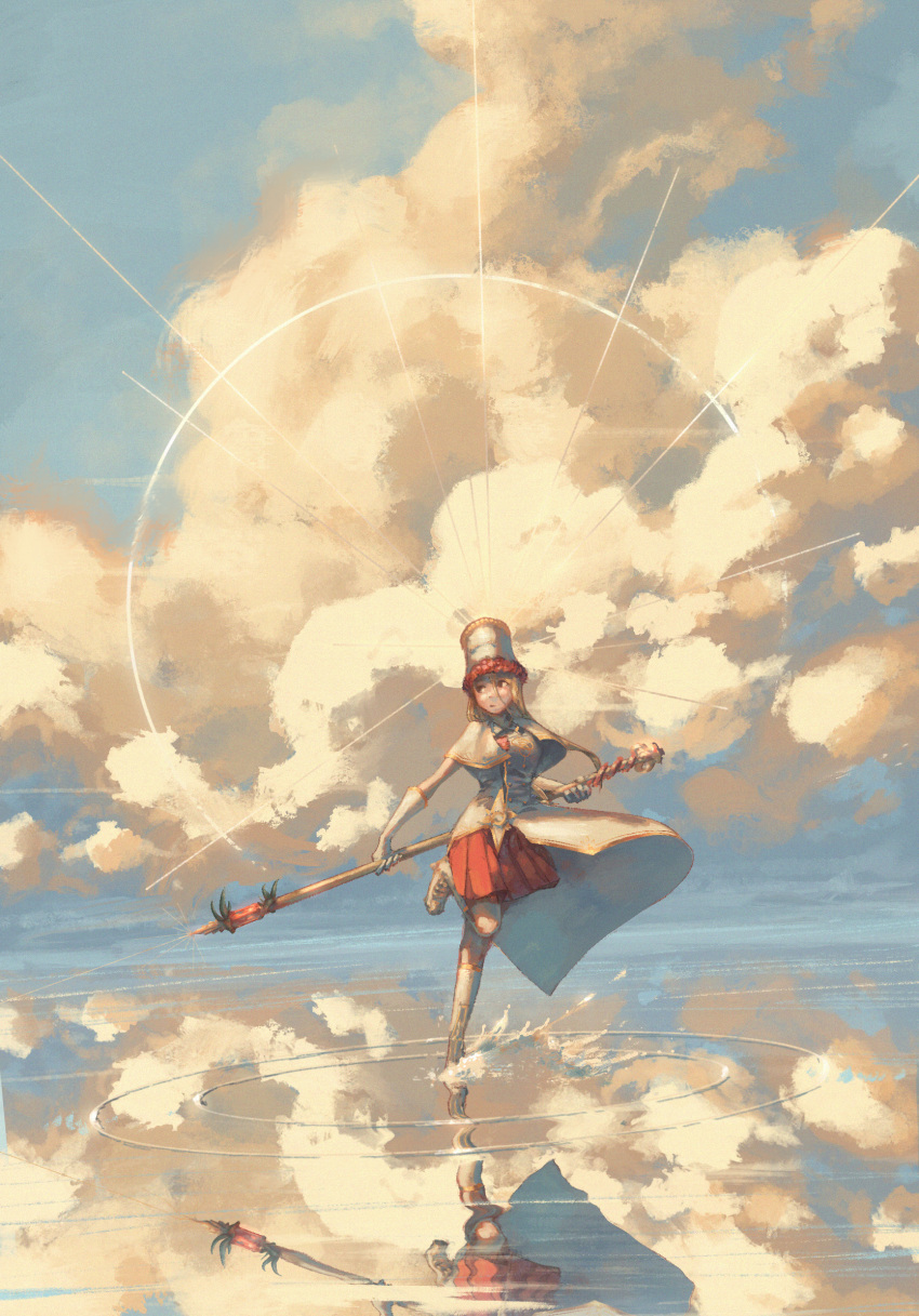 1girl blonde_hair boots brown_eyes capelet closed_mouth clouds cloudy_sky cumulonimbus_cloud elbow_gloves fantasy flower flower_trim gloves glowing hair_between_eyes high_heel_boots high_heels highres holding holding_staff irden_(zeniyan) knee_boots long_hair original painterly priest red_flower red_skirt reflection ripples skirt sky solo staff water white_capelet white_footwear white_gloves white_headwear zeniyan