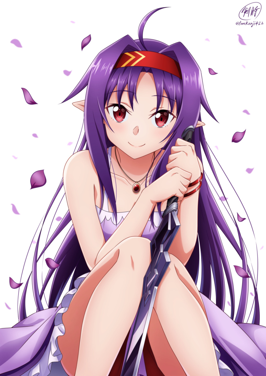 1girl ahoge bangs bare_shoulders blush bracelet collarbone commentary_request dress feet_out_of_frame hairband highres holding holding_sword holding_weapon jewelry ken-ji knees_up long_hair looking_at_viewer necklace parted_bangs petals pointy_ears purple_hair red_hairband signature simple_background sitting smile solo sword sword_art_online weapon white_background yuuki_(sao)