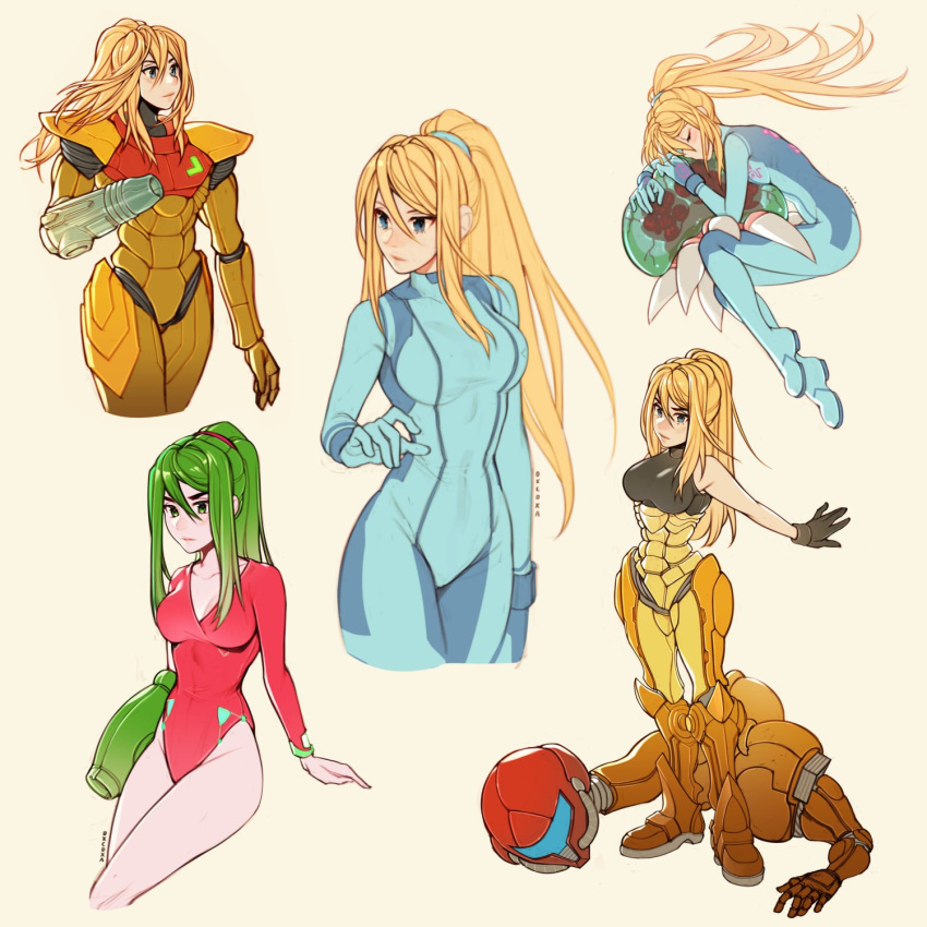 1girl alternate_costume arm_cannon bare_shoulders black_gloves blonde_hair blue_eyes breasts gloves green_eyes green_hair helmet highres hug justin_bailey long_hair metroid metroid_(creature) oxcoxa ponytail samus_aran sleeping thighs varia_suit weapon zero_suit