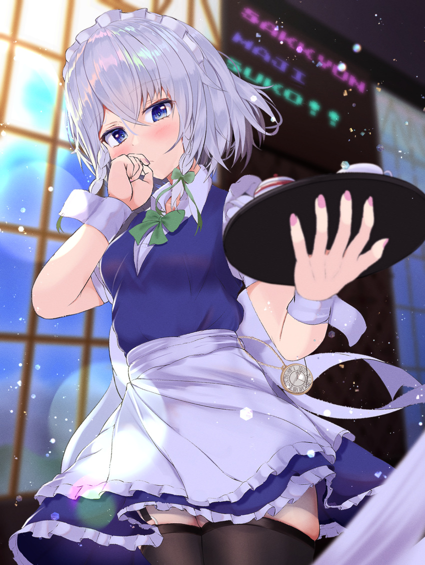 1girl apron black_legwear blue_dress blue_eyes blurry blurry_background blush bow cup dress green_bow green_neckwear hand_on_own_face hand_up highres izayoi_sakuya kettle light looking_at_viewer maid maid_headdress pink_nails short_hair short_twintails silver_hair sky solo thigh-highs touhou tray twintails window