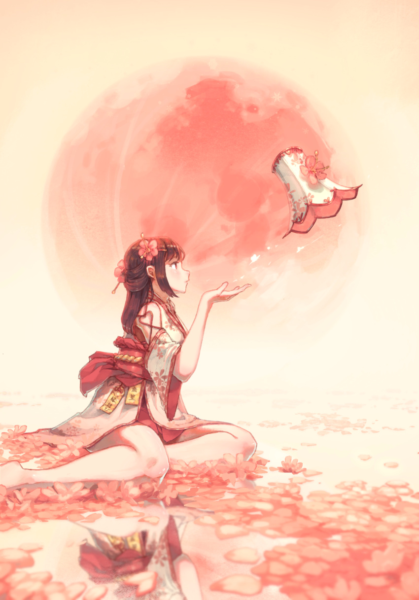 1girl bare_legs bare_shoulders barefoot blowing brown_hair charm_(object) clothing_cutout floral_print flower hair_flower hair_ornament hairclip hat hat_flower heart highres japanese_clothes kimono long_hair moon original parted_lips petals pink_flower pink_kimono red_eyes red_moon reflection shoulder_cutout sitting solo white_headwear wind zeniyan