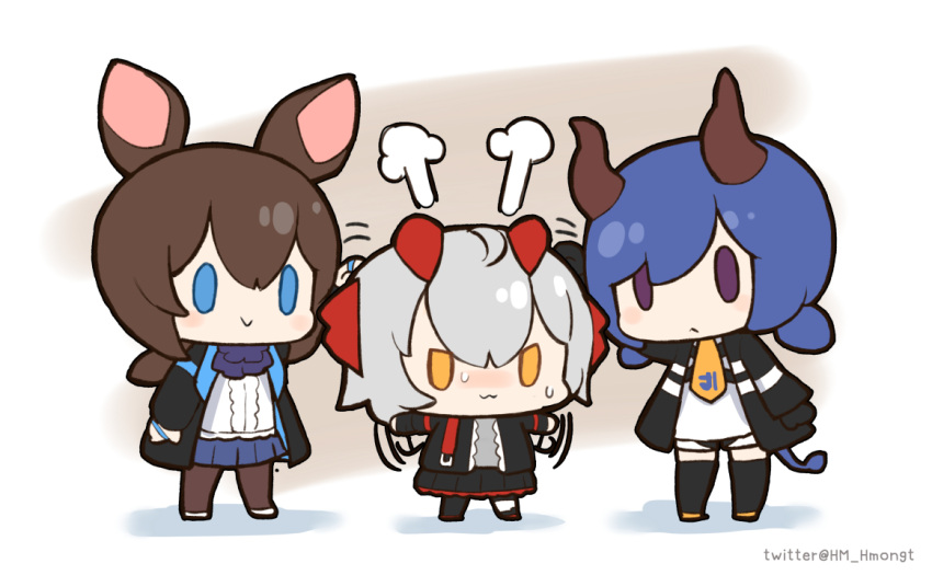 3girls :&gt; :&lt; :3 =3 ambience_synesthesia amiya_(arknights) animal_ears arknights ascot black_jacket black_legwear black_skirt blue_eyes blue_hair blue_neckwear blue_skirt blush brown_hair brown_legwear ch'en_(arknights) chibi commentary demon_horns dragon_horns dragon_tail grey_hair grey_shirt headpat hm_(hmongt) horns jacket multiple_girls necktie nose_blush open_clothes open_jacket pantyhose pleated_skirt rabbit_ears shirt short_twintails shorts skirt sweatdrop tail thigh-highs twintails twitter_username v-shaped_eyes violet_eyes w_(arknights) waving_arms white_background white_shirt yellow_eyes yellow_neckwear