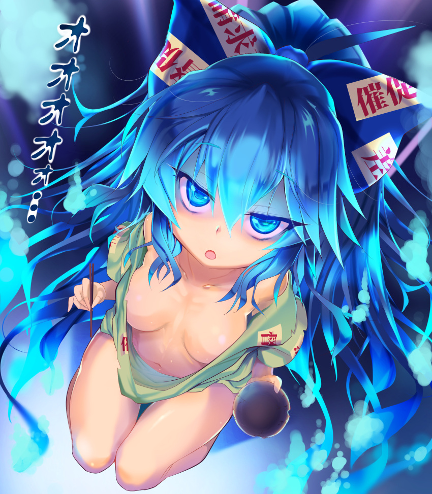 1girl :o absurdres blue_bow blue_eyes blue_hair bow bowl breasts chopsticks collarbone debt from_above frown hair_between_eyes hair_bow highres holding hood hoodie jewelry long_hair looking_at_viewer medium_breasts mokomoko_yanakku naked_hoodie navel no_bra open_clothes open_hoodie open_mouth short_sleeves solo touhou very_long_hair yorigami_shion