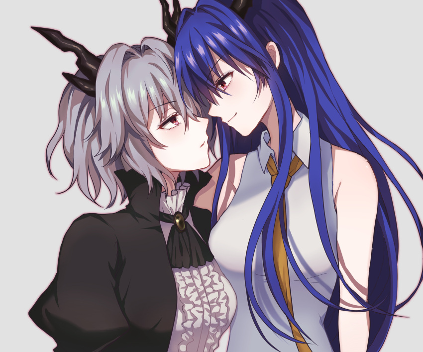 2girls absurdres arknights ascot bangs blue_hair breasts ch'en_(arknights) dragon_horns dress eyebrows_visible_through_hair grey_background grey_hair hair_down head_tilt height_difference highres horns imminent_kiss lelejiang long_hair looking_at_another medium_breasts messy_hair multiple_girls necktie profile red_eyes shirt short_hair simple_background sleeveless sleeveless_shirt talulah_(arknights) yellow_neckwear yuri