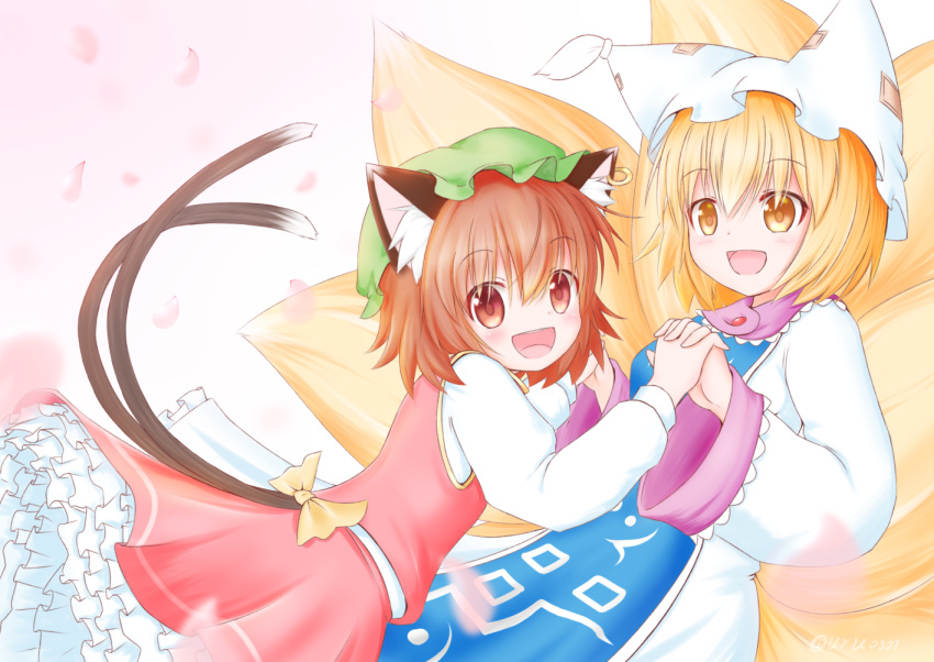 2girls :d animal_ears blonde_hair blush breasts brown_hair chen dress fox_ears fox_tail from_side gold_trim hat looking_at_viewer medium_breasts mob_cap multiple_girls multiple_tails nekomata open_mouth petals pillow_hat pink_background red_skirt red_vest short_hair skirt smile tabard tail touhou two_tails uru_(uru0301) vest white_dress yakumo_ran yellow_eyes