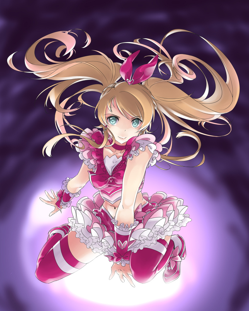 ankle_boots boots cosplay cure_melody cure_melody_(cosplay) head_ribbon high_heels highres kousaka_kirino looking_at_viewer mai_(artist) midriff navel ore_no_imouto_ga_konna_ni_kawaii_wake_ga_nai pink_legwear precure ribbon skirt thigh-highs twintails wrist_cuffs