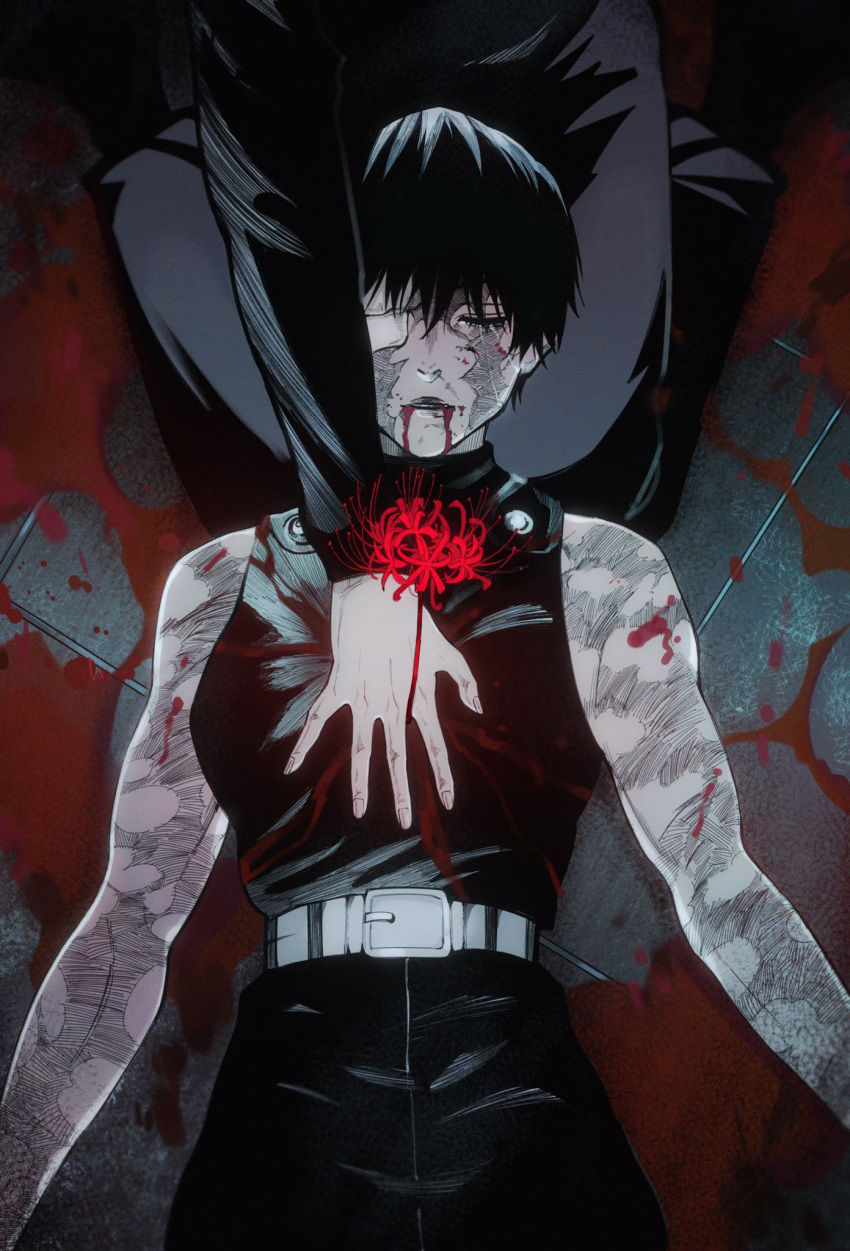 04idontexist 2girls arms_at_sides belt black_hair blood blood_from_eyes blood_on_clothes burn_scar closed_eyes crying flower hand_on_another's_chest head_out_of_frame highres jujutsu_kaisen lying multiple_girls on_back one_eye_covered parted_lips scar scar_on_arm scar_on_face short_hair siblings sisters sleeveless spoilers tears zen'in_mai zen'in_maki