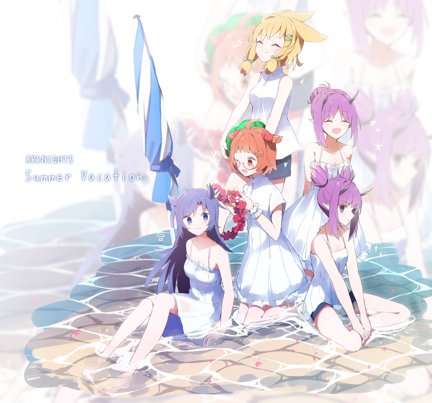 5girls ;d a.a_(aa772) animal_ears arknights bare_arms bare_shoulders barefoot beach_umbrella beagle_(arknights) blonde_hair blue_eyes blue_hair blue_shorts brown_hair camisole collared_shirt commentary_request copyright_name dress fang_(arknights) flower flower_wreath glasses head_wreath hibiscus_(arknights) highres horns kneeling kroos_(arknights) lava_(arknights) multiple_girls one_eye_closed open_mouth purple_hair red-framed_eyewear red_eyes red_flower semi-rimless_eyewear shallow_water shirt short_shorts short_sleeves shorts sitting sleeveless sleeveless_dress sleeveless_shirt smile standing umbrella under-rim_eyewear water white_camisole white_dress white_shirt wrist_cuffs zoom_layer