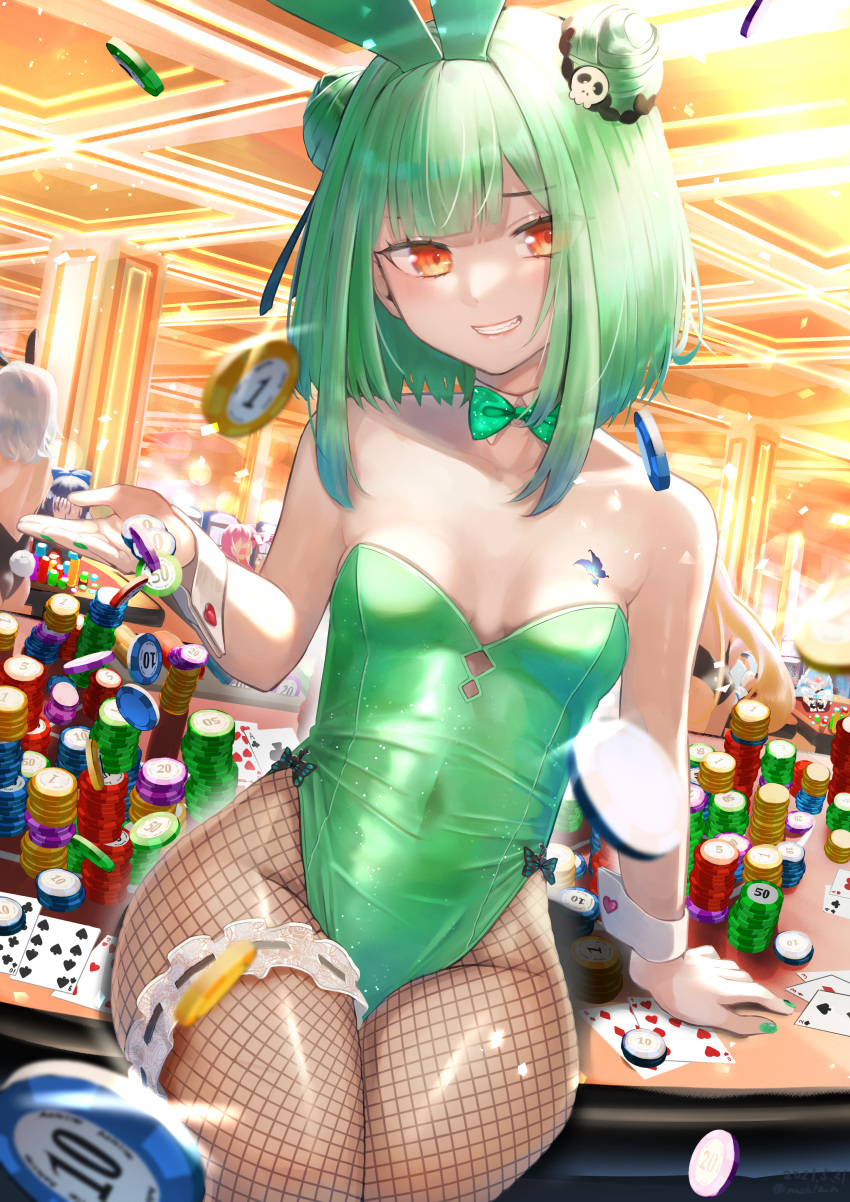 1girl absurdres animal_ears bangs bare_shoulders bow bowtie breasts commentary_request covered_navel detached_collar double_bun fishnet_legwear fishnets green_hair green_nails grin hair_ornament highres hololive huge_filesize looking_at_viewer pantyhose playboy_bunny poker_chip rabbit_ears revision rushian sitting small_breasts smile solo uruha_rushia virtual_youtuber wrist_cuffs