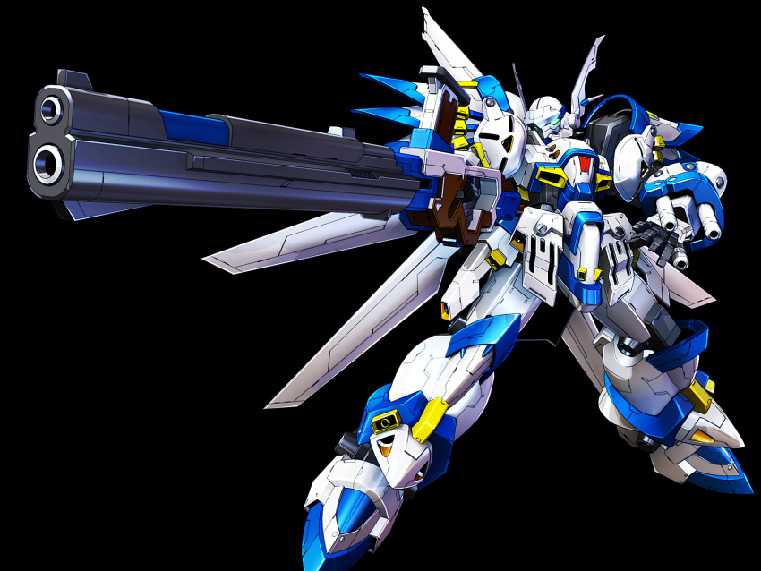 3d arm_cannon black_background glowing glowing_eye green_eyes gun highres holding holding_gun holding_weapon mecha mechanical_wings no_humans open_hand science_fiction super_robot_wars super_robot_wars_original_generation weapon weissritter wings yugo_ama_toki