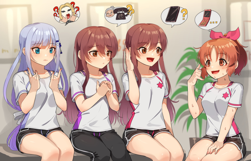 4girls ? abe_nana bangs black_shorts blue_eyes blue_hair blurry blurry_background brown_eyes brown_hair cellphone closed_mouth commentary corded_phone counting dolphin_shorts eyebrows_visible_through_hair hair_ornament hair_ribbon hand_in_hair hand_on_lap hands_together idolmaster idolmaster_cinderella_girls idolmaster_million_live! idolmaster_million_live!_theater_days idolmaster_shiny_colors indoors kamille_(vcx68) light_frown long_hair looking_at_another low-tied_long_hair medium_hair multiple_girls oosaki_amana oosaki_tenka open_mouth pants phone ponytail red_ribbon ribbon shiraishi_tsumugi shirt short_shorts shorts sitting smartphone smile speech_bubble star_(symbol) sweatdrop t-shirt track_pants white_ribbon white_shirt