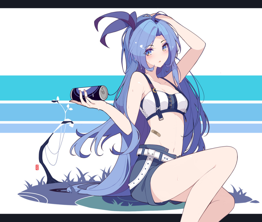 1girl :o bandaid blue_eyes blue_hair blue_shorts borrowed_character can commentary_request eyebrows_visible_through_hair hair_ribbon holding holding_can ideolo legs letterboxed long_hair minah_(chaesu) navel original ribbon shorts sitting solo swimsuit