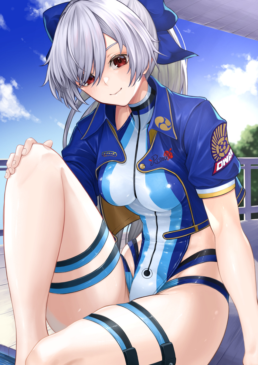 1girl absurdres bangs blue_bow blue_jacket blue_sky blue_swimsuit blush bow breasts fate/grand_order fate_(series) hair_between_eyes hair_bow highleg highleg_swimsuit highres jacket kugatunohito large_breasts long_hair looking_at_viewer one-piece_swimsuit open_clothes open_jacket ponytail red_eyes short_sleeves silver_hair sky smile swimsuit thigh_strap thighs tomoe_gozen_(fate) tomoe_gozen_(swimsuit_saber)_(fate) two-tone_swimsuit white_swimsuit