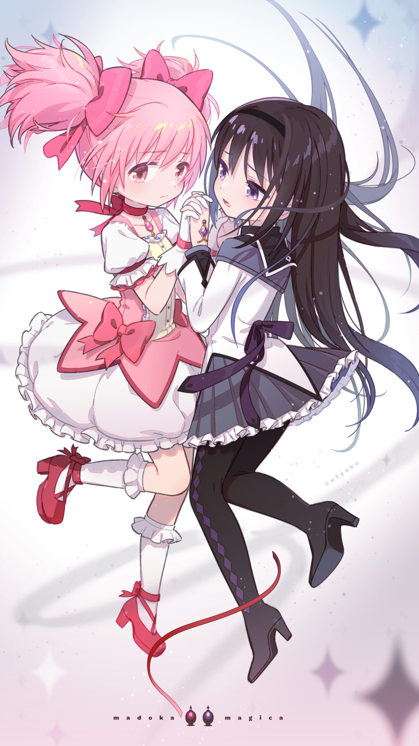 2girls absurdres akemi_homura black_hair bow bubble_skirt copyright_name gloves hair_bow highres holding_hands interlocked_fingers kaname_madoka long_hair long_sleeves magical_girl mahou_shoujo_madoka_magica multiple_girls pantyhose pink_hair short_hair skirt twintails uchako violet_eyes white_gloves