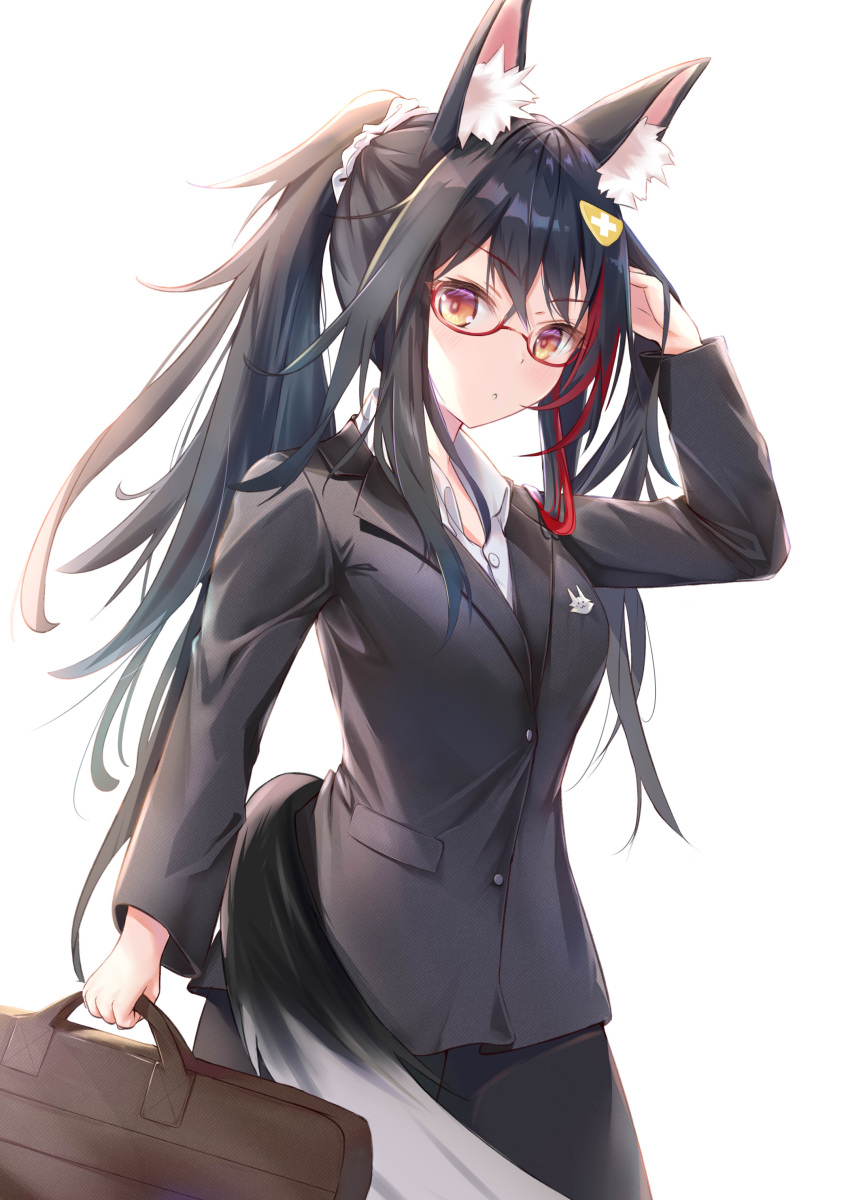 1girl absurdres animal_ear_fluff animal_ears bangs black_hair black_skirt black_suit breasts briefcase collared_shirt commentary_request eyebrows_visible_through_hair glasses hair_between_eyes hair_ornament hairclip hand_in_hair highlights highres holding holding_briefcase hololive long_sleeves looking_at_viewer medium_breasts multicolored_hair ookami_mio ponytail redhead shirt sidelocks simple_background skirt solo tail two-tone_hair virtual_youtuber white_background white_shirt wolf_ears wolf_girl wolf_tail wolfgang_(paul94104875) yellow_eyes