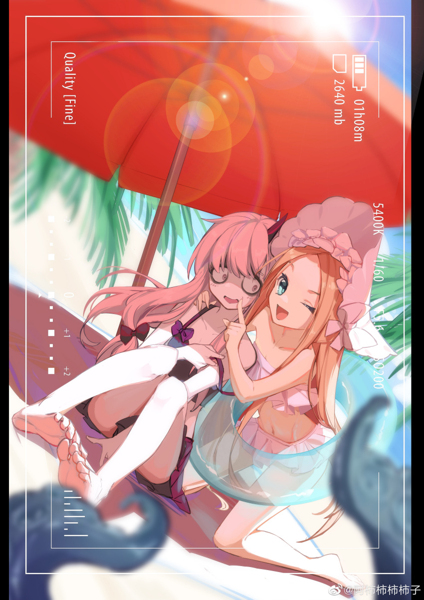 2girls ;d abigail_williams_(fate) absurdres bangs bare_legs bare_shoulders barefoot beach beach_umbrella bikini bikini_skirt black_footwear blonde_hair blue_eyes bonnet character_request chinese_commentary commentary_request day fate/grand_order fate_(series) feet finger_to_another's_mouth full_body hand_on_another's_shoulder highres horns innertube kneeling looking_at_another looking_at_viewer multiple_girls one_eye_closed open_mouth outdoors pink_bikini pink_hair shi_xue_kuang_mo single_horn sitting smile swimsuit tentacles toes umbrella violet_eyes weibo_username
