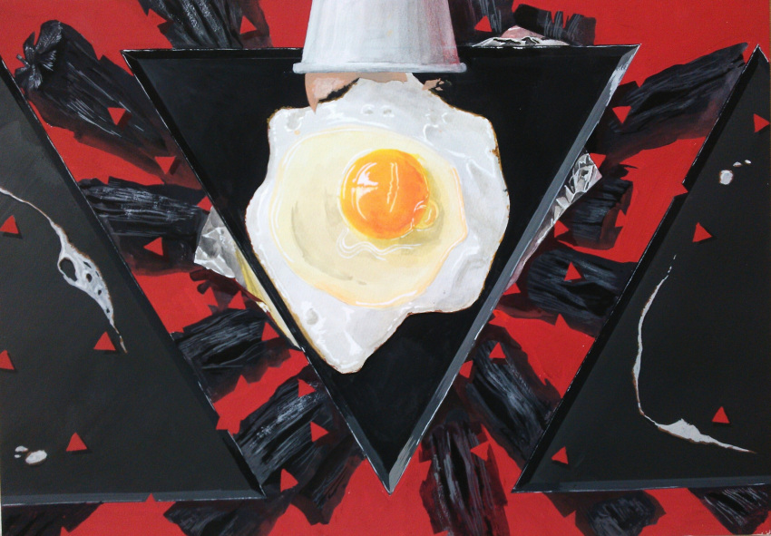 broken_egg bubble charcoal egg eggshell foil fried_egg highres no_humans original osumared red_background simple_background still_life triangle