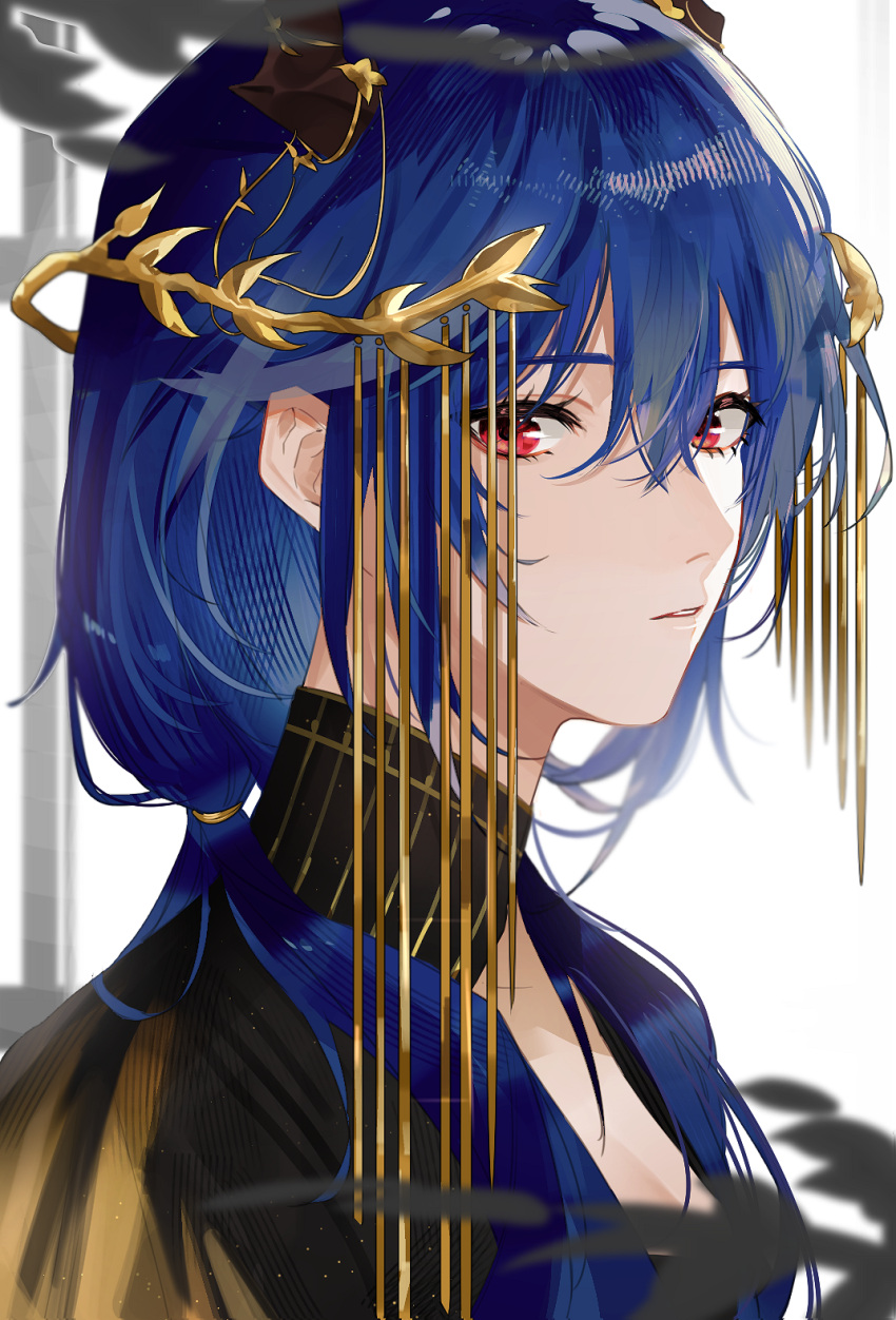 1girl 3o_c arknights bangs black_dress blue_hair blurry ch'en_(arknights) depth_of_field dress eyebrows_visible_through_hair eyelashes hair_between_eyes highres long_hair looking_at_viewer looking_to_the_side low_twintails parted_lips red_eyes silhouette solo twintails upper_body wreath