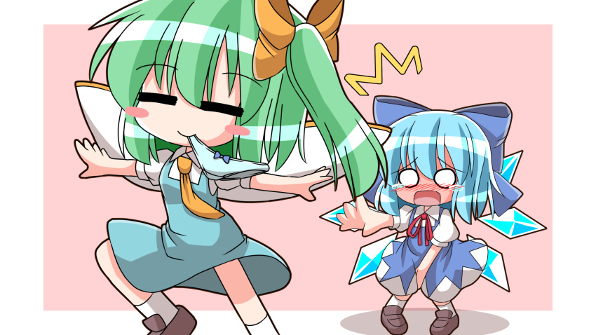 2girls =_= ^^^ blue_bow blue_hair blue_panties blush blush_stickers border bow brown_footwear chibi cirno clothes_theft collared_shirt commentary_request covering covering_crotch daiyousei damiwi detached_wings embarrassed eyebrows_visible_through_hair fairy_wings female_pervert foreshortening full-face_blush full_body green_hair hair_between_eyes hair_bow highres ice ice_wings large_bow leg_up loafers looking_at_another mouth_hold multiple_girls necktie no_nose o_o open_mouth outstretched_arm outstretched_arms panties pervert pigeon-toed pink_background puffy_short_sleeves puffy_sleeves red_neckwear shadow shirt shoes short_hair short_sleeves side_ponytail simple_background smile spread_arms tears theft touhou underwear white_border white_shirt wings yellow_bow yellow_neckwear