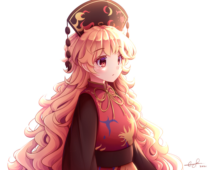 1girl absurdres bangs black_dress black_headwear black_sleeves blonde_hair chinese_clothes crescent dress eyebrows_visible_through_hair hat highres junko_(touhou) long_hair long_sleeves red_eyes shading signature simple_background solo touhou very_long_hair white_background yellow_neckwear