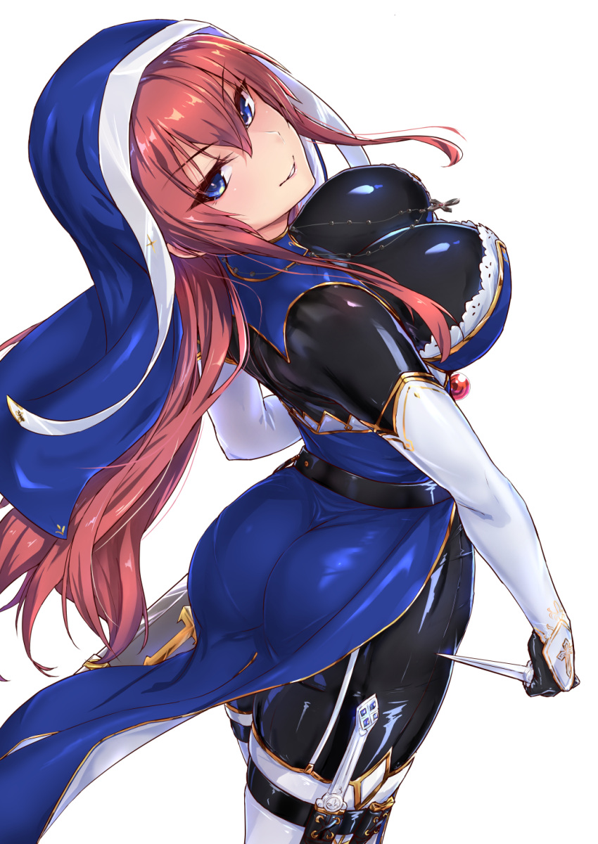 1girl ass bangs belt black_bodysuit blue_dress blue_eyes blush bodysuit breasts commentary_request cross cross_necklace dagger dress elbow_gloves eyebrows_visible_through_hair garter_straps gloves highres holding jewelry knife large_breasts lips long_hair looking_at_viewer looking_back necklace original parted_lips redhead reverse_grip shiny shiny_clothes shiny_hair shiny_skin simple_background skin_tight smile solo thigh-highs toriatto_gununu veil weapon white_background white_gloves white_legwear