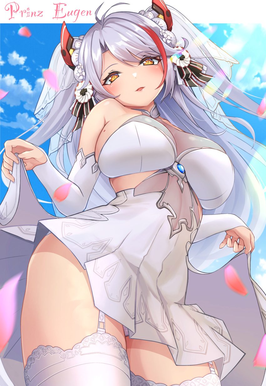 1girl absurdres azur_lane bangs bare_shoulders blush breasts bridal_gauntlets bridal_veil character_name cowboy_shot dress eyebrows_visible_through_hair from_below garter_straps hair_ornament highres large_breasts long_hair looking_at_viewer looking_down mole mole_on_breast multicolored_hair official_alternate_costume oserotto outdoors parted_lips petals prinz_eugen_(azur_lane) prinz_eugen_(symphonic_fate)_(azur_lane) redhead sideboob silver_hair skirt_hold sky sleeveless sleeveless_dress solo streaked_hair thigh-highs veil wedding_dress white_dress white_legwear yellow_eyes